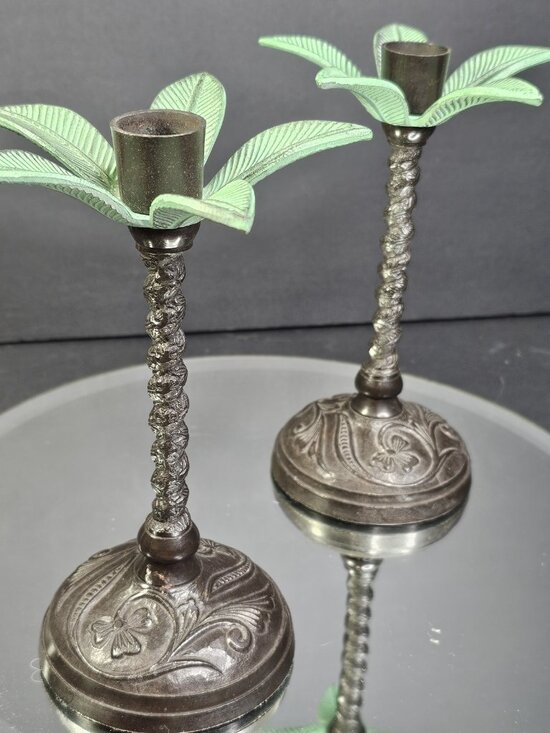 Vintage Palm Tree Brass Metal Candlestick Holders Pair, Made in India, 7" Tall - Picture 1 of 8